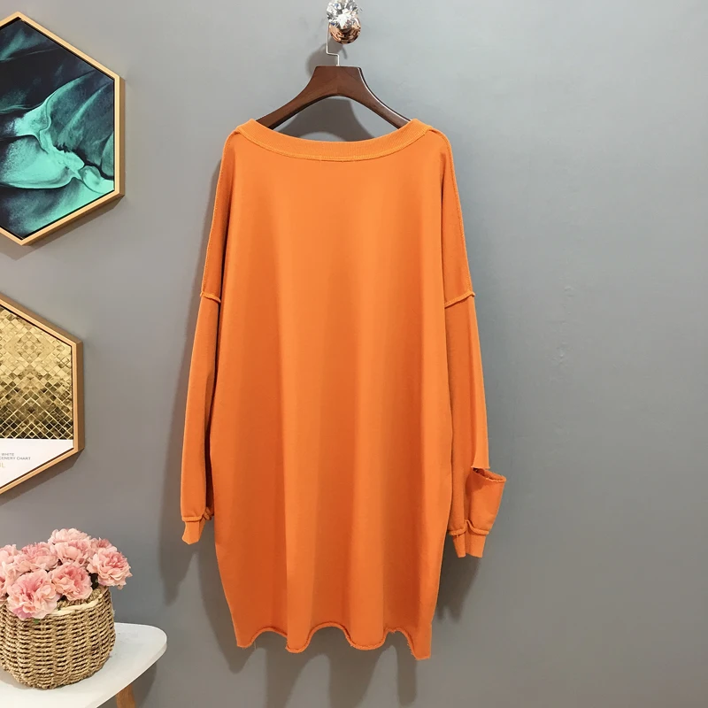 

Plus-Sized Oversized Long Sleeves T-shirt Women's Korean-Style Spring V Terry Cotton Mid-Length Ripped Top Jin Slimming T