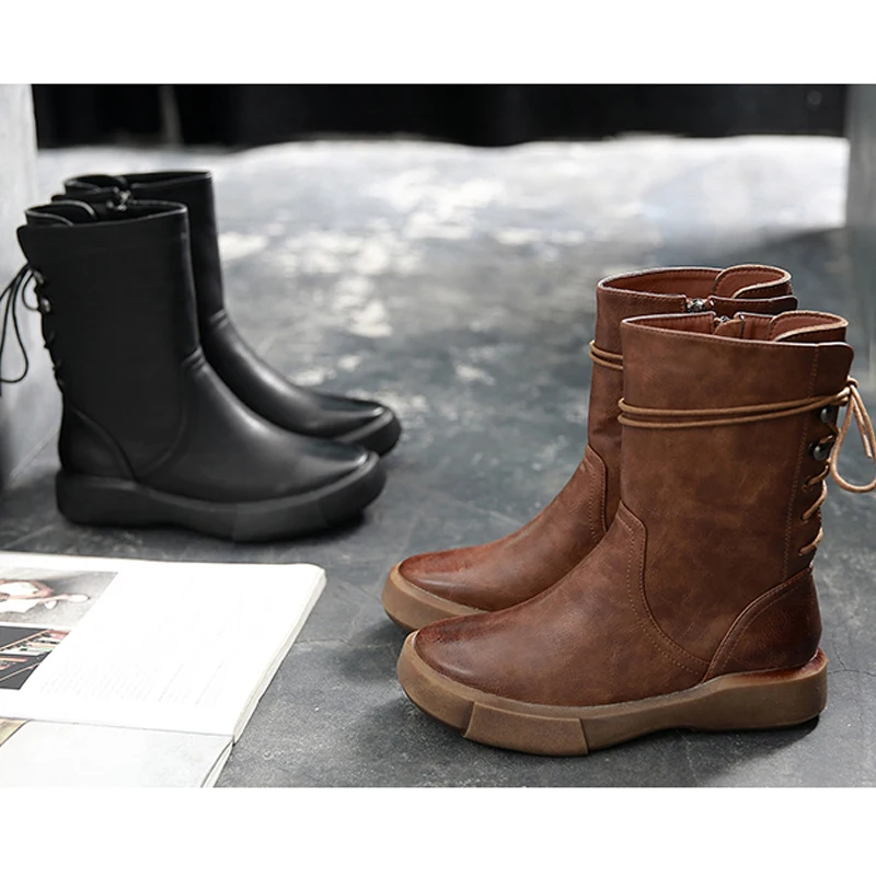 Ботинки до середины икры в стиле ретро женская зимняя обувь повседневные ботинки