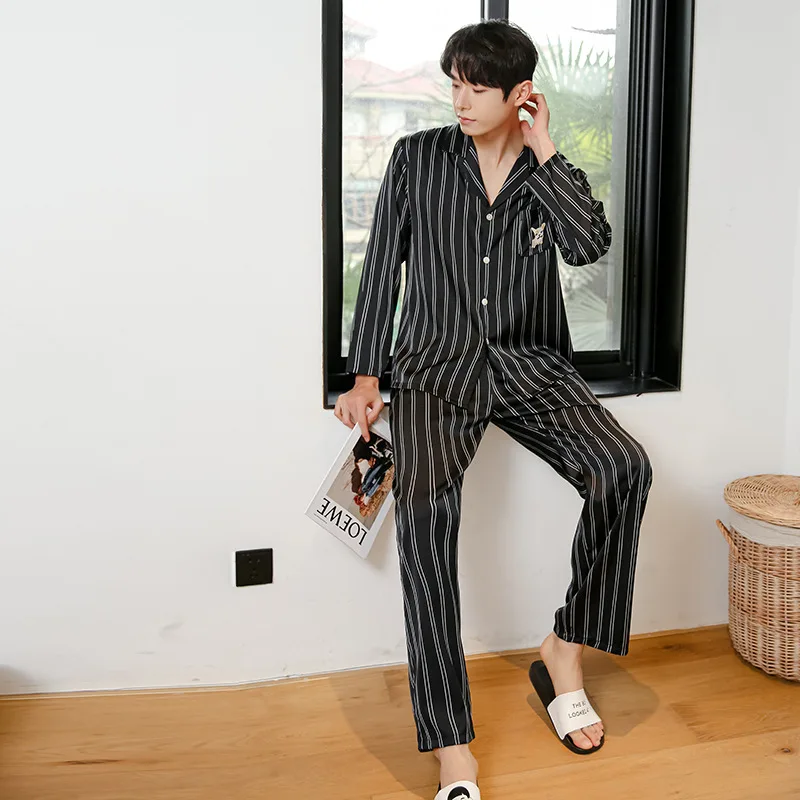 

Couples 2PCS Stripe Pajamas Sets Sexy Turn-down Collar Rayon Pyjamas Suit Full Sleeve&Pant Sleepwear Nightwear Casual Home Wear