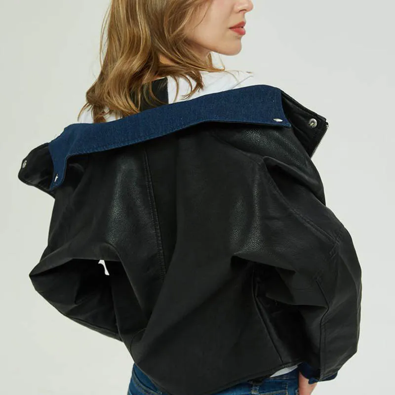 Женская байкерская куртка из искусственной кожи черная джинсовая простроченная