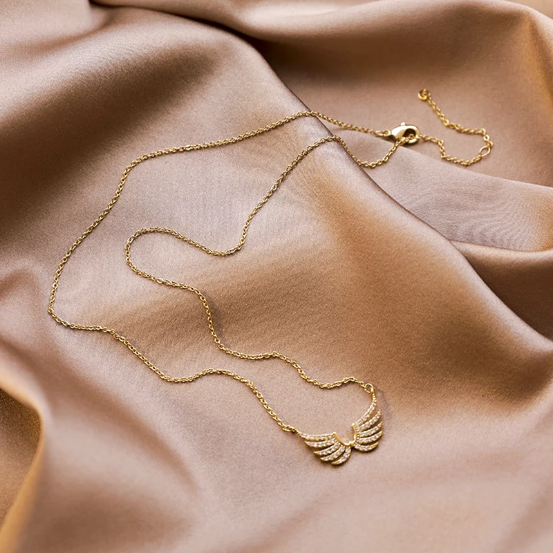 

Trendy Exquisite 14k Real Gold Wings Shape Pendant Chain Necklace for Women High Quality Jewelry Bling AAA Zircon Party Hot Gift