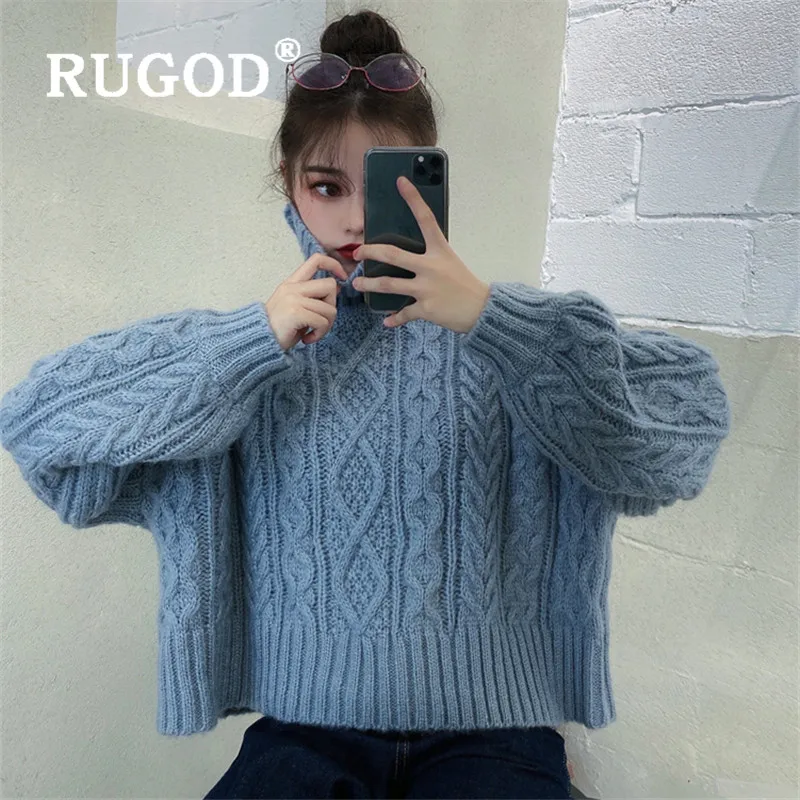 RUGOD Turtleneck Knitted Sweater Twist Pattern Pullover Solid Jumper Winter Tops For Women Knitwear Loose Korean Style Fashion | Женская