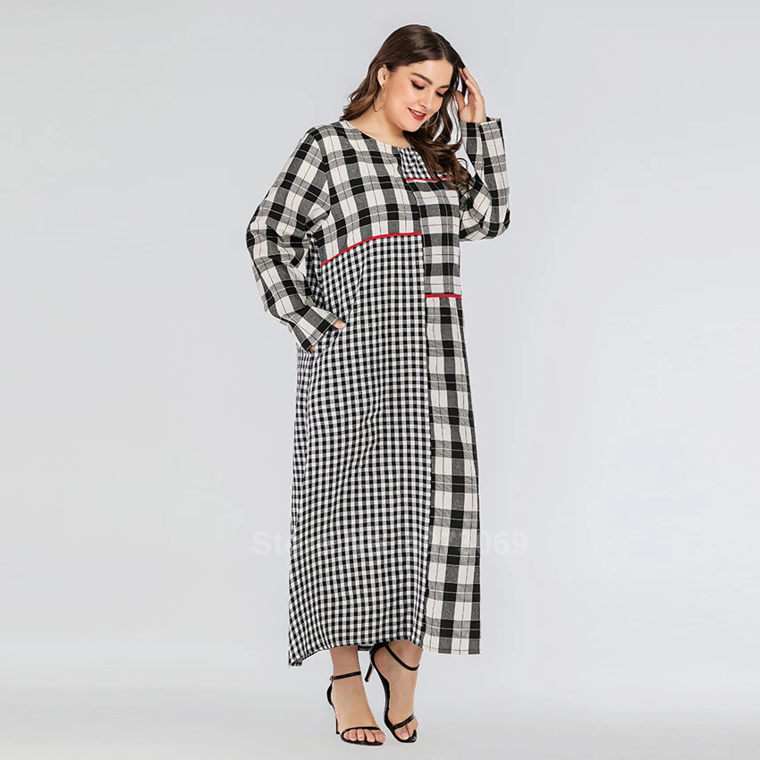 Женское платье макси размера плюс мусульманское в клетку с длинным рукавом и
