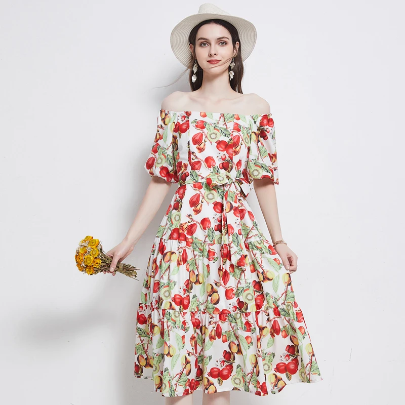 

JSXDHK Summer Off Shoulder Midi Dress Runway Women Fruit Pomegranate Printed Ladies Lace Up Boho Holiday Short Sleeve Sundress