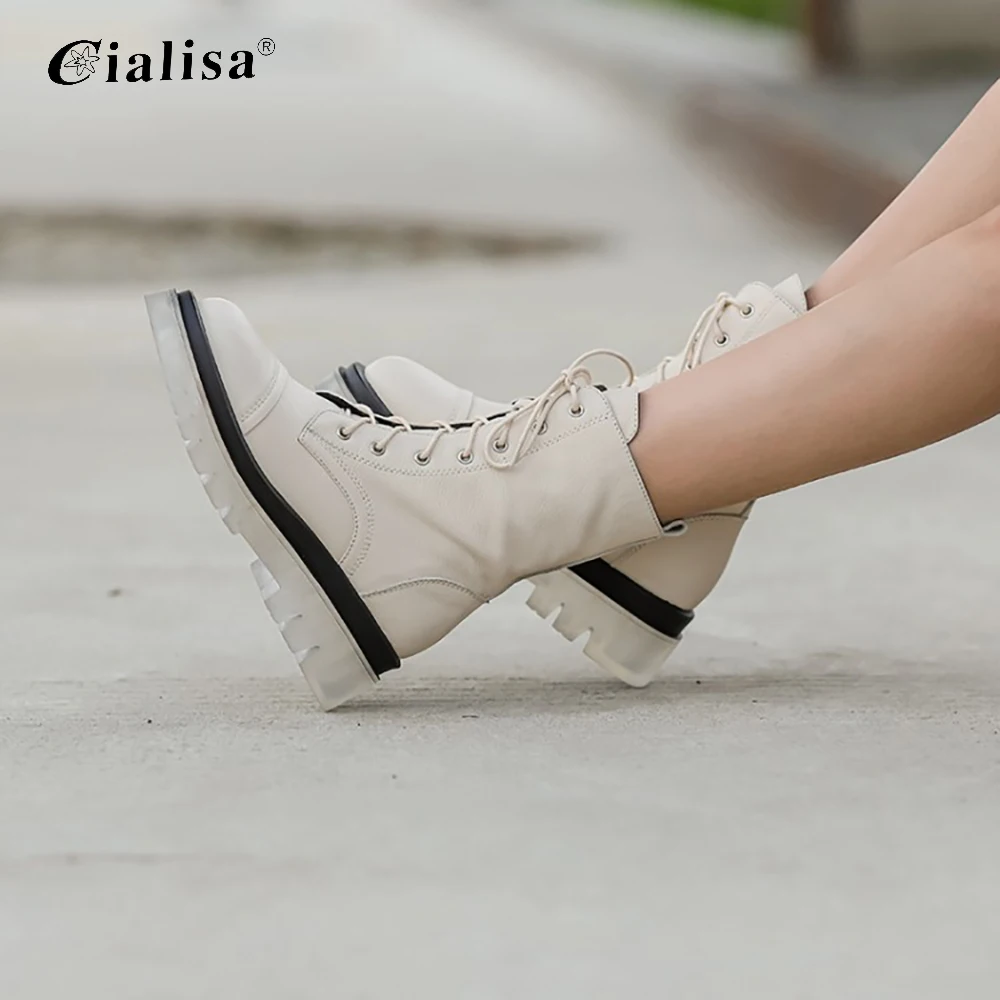 

CIALISA Shoes 2020 Fashion White Clear Heel Ankle Winter Boots For Women Genuine Leather Round Toe Mid Heel Lace Up Boot