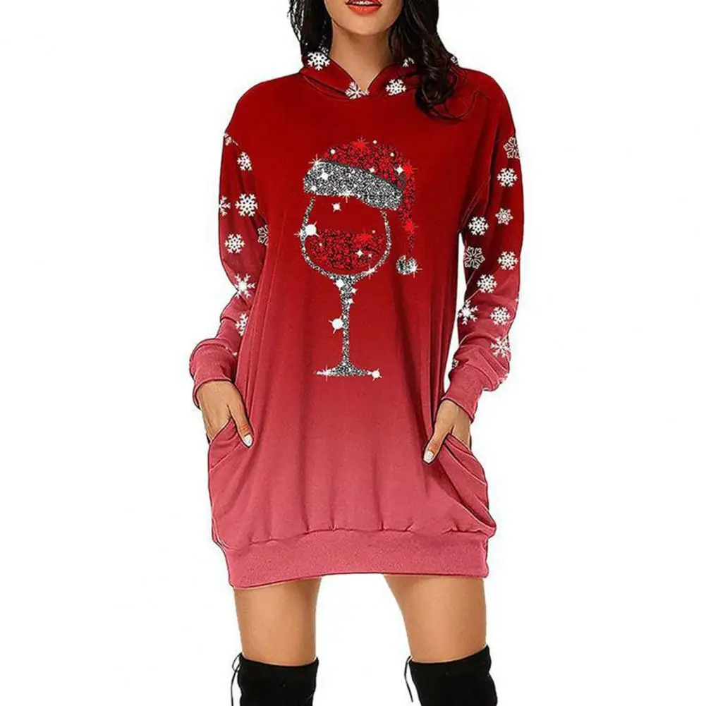 

Women Hooded Long Sleeve Side Pockets Sweatshirt Dress Wine Cup Christmas Hat Print Rhinstone Xmas Dress Festival Clothing