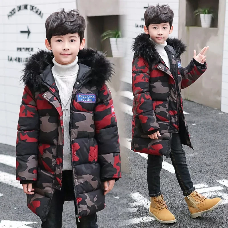 

2020 5-14 Years Fur Hooded Jackets Teenage Boys Camouflage Winter Coats Children Disguise Outerwear Outfit Kid Boys Clothes