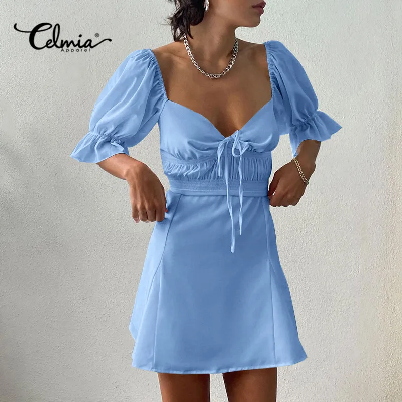 

Women Summer Casual Short Puff Sleeve Mini Dress Celmia 2021 Streetwear Party Sundress Sexy Deep V Neck Slim Pleated Vestidos