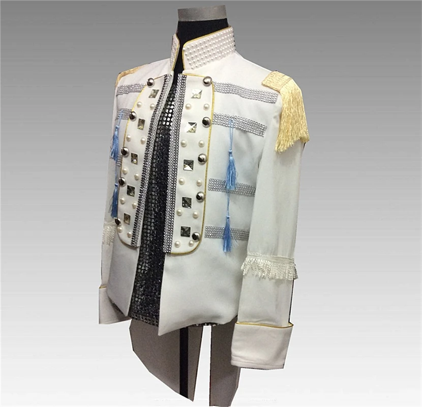 

Fashion Male Singer's Performance Tuxedo Nightclub Bar Beaded Costume Stand Collar Men Casual Jacket