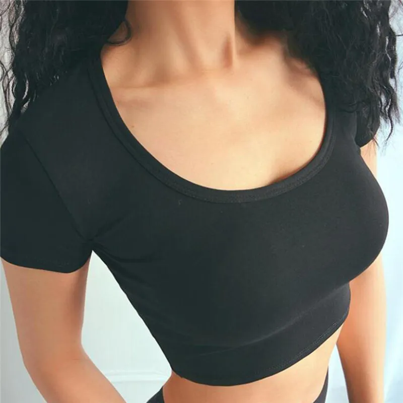 

Female Thin O-neck Fitness Tee Ladies Solid Color Sports T-shirt Quick-drying Top Hot Sale Women Sexy Short Bare Midriff