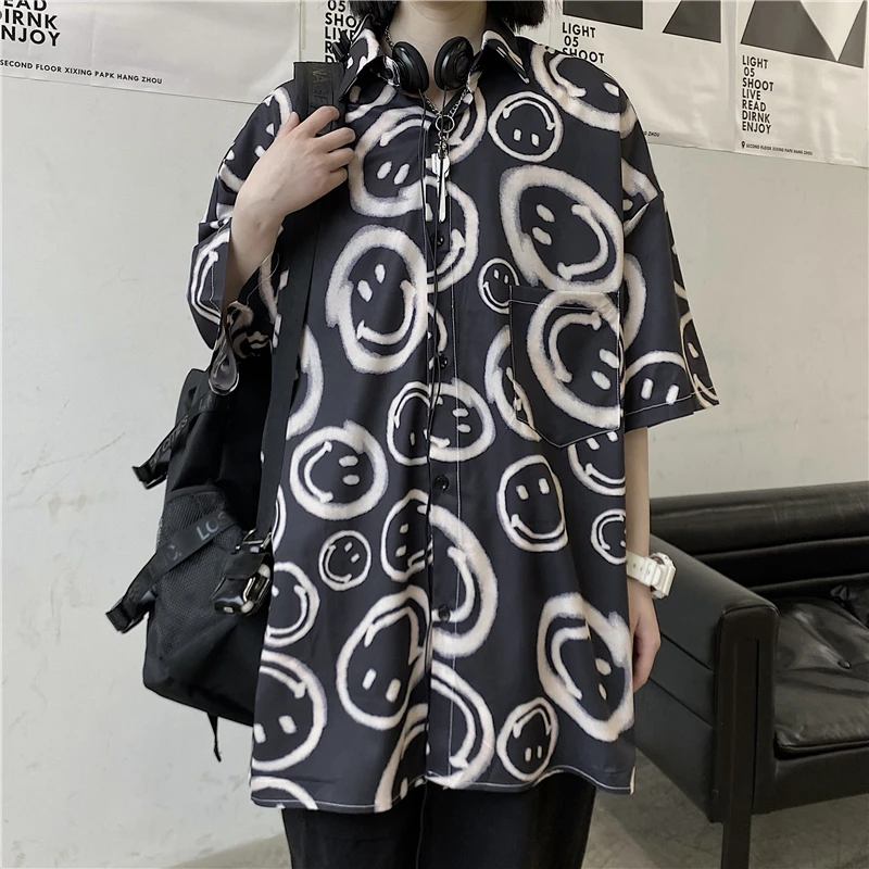 

Women Summer Short-Sleeved Shirt Vintage Dark Smiley Print Shirt Plus Size Men And Women Oversized Blouse Casual Streetwear Tops