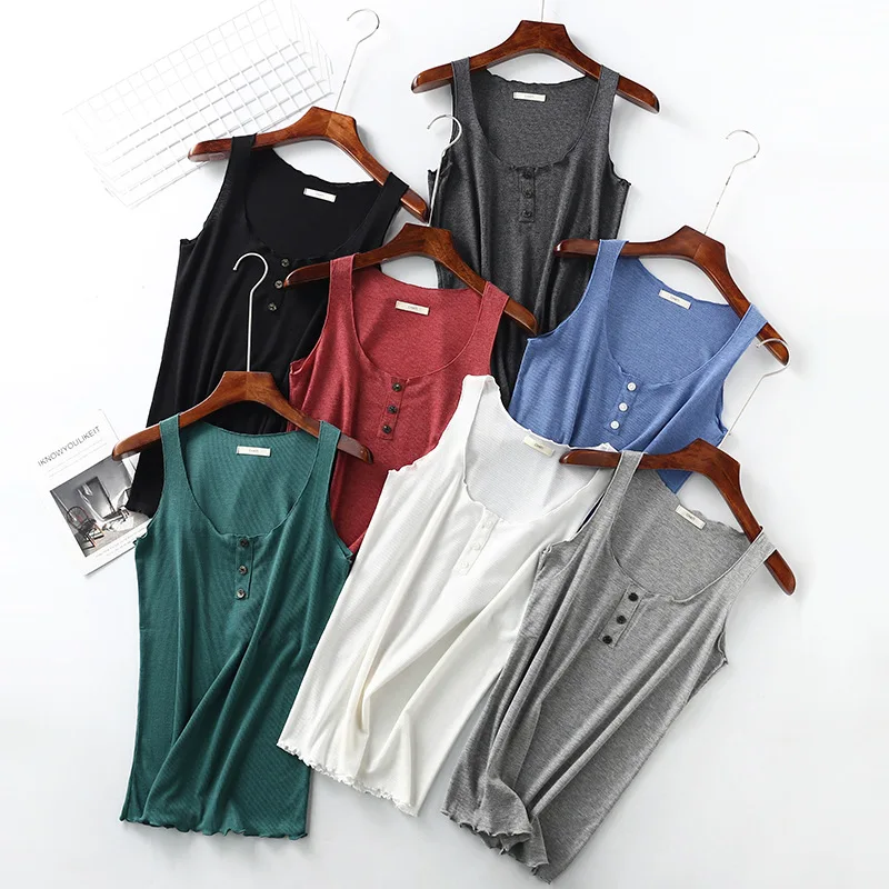 

Tank Top Women's Loungewear O-neck Undershirt Sleeveless Button-down Solid Color Casual Tank Tops Loose Soft Summer Female Tees