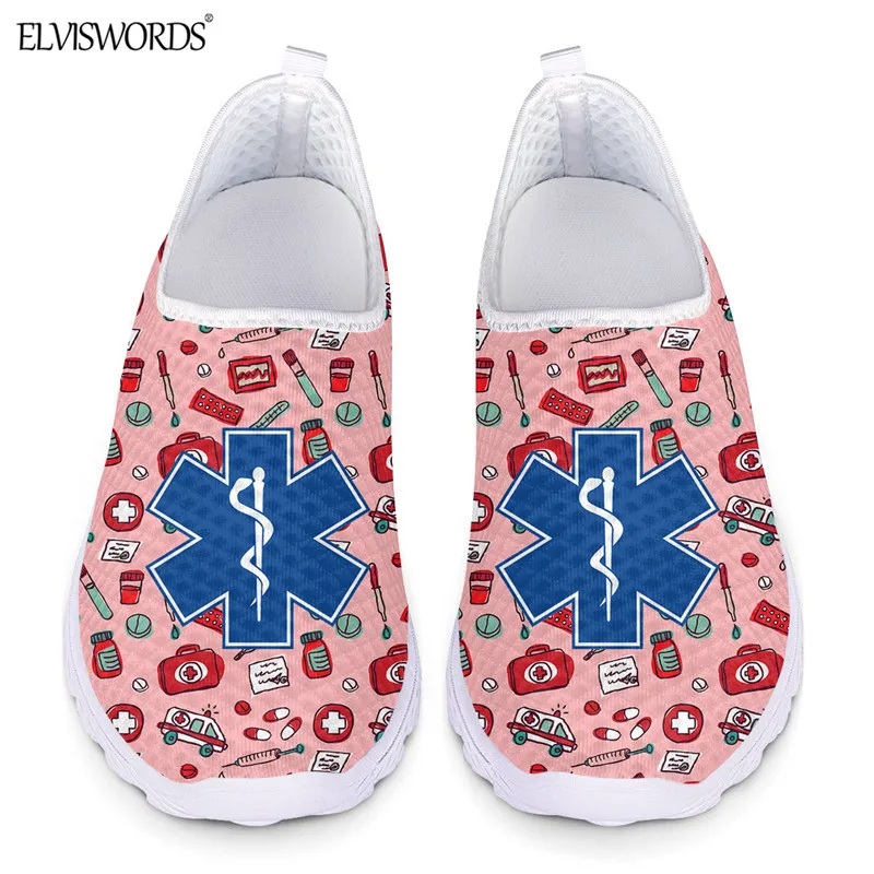 

ELVISWORDS Blue EMT Logo Print Women's Casual Flat Shoes Paramedic Nursing Air Mesh Running Sneaker Breathable Slip On Footwear