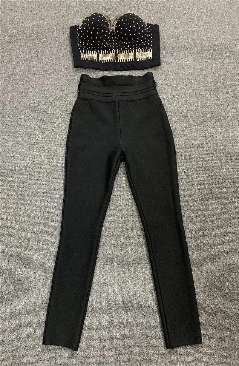 High Quality Woman Bandage Sexy Two Pieces Bodycon Set Shinny Beading Top Long Bandage Pants Elegant Black Women's Set