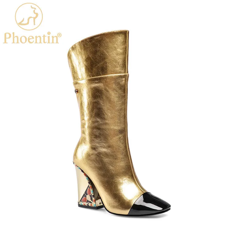 

Phoentin Luxury Brand Mid-Calf Boots 2020 Women's Runway Show High Heels Shoes plus size 33-43 Gold Square Toe Boot FT1208