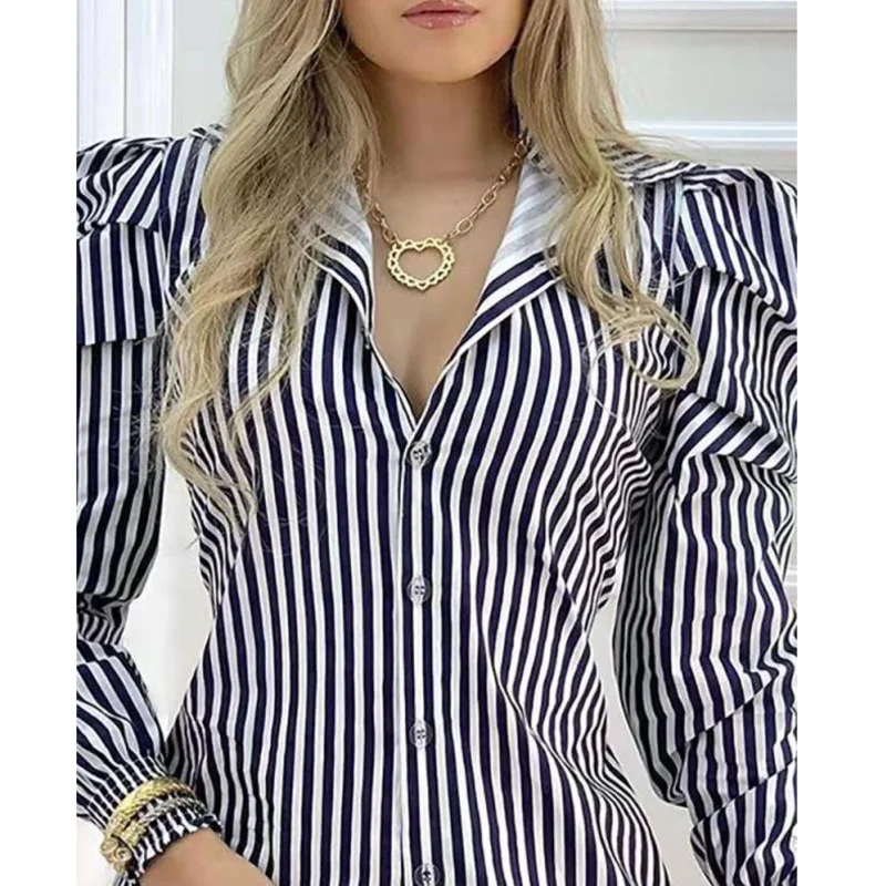 

Women's Spring Shirt Dress 2021 New Stylish Long Sleeve Tur-down Collar Striped Mid-Length Blouse Casual Slim Shirts Blusas