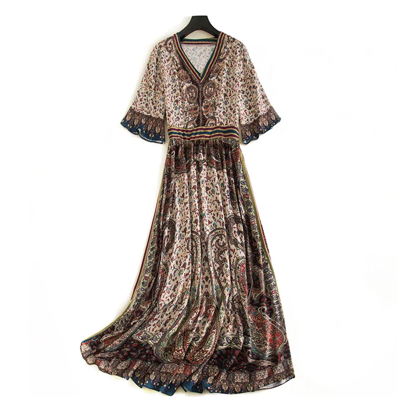 

2020 summer women vintage v-neck printed chiffon dresses ladies flare sleeve long dress boho JC336