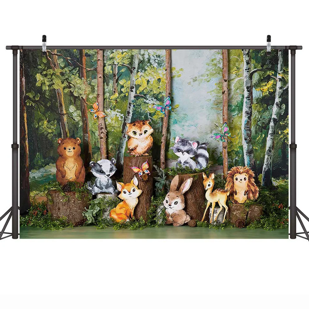 Woodland Safari Jungle Animals Portrait Newborn Kids Photo Background Oil Painting Forest Wall Backdrop for Photography Props |