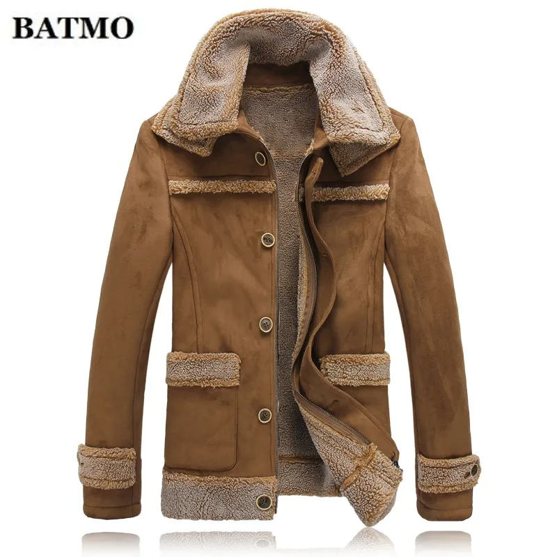 

Batmo 2019 winter new arrival high quality Men's leather with fur jacket,Fashion Khaki turndown collar keep warm jacket coat men