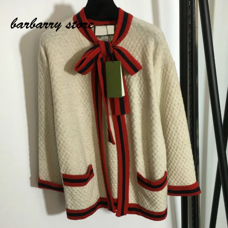 

2021 luxury brand color contrast bow print fashion women's top temperament versatile loose wool knitted long sleeved cardigan