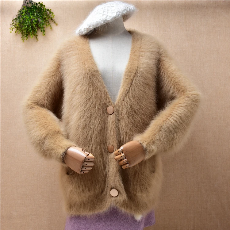 

female women fashion autumn winter clothes hairy mink cashmere knitted deep v-neck loose cardigan angora fur jacket coat sweater