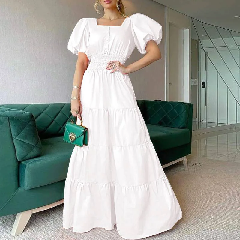 

2022 Spring Summer Women's Elegant Ruffle Dress Sweet Short Puff Sleeve Lady Long Party Dress Vintage Square Collar Femme Dress