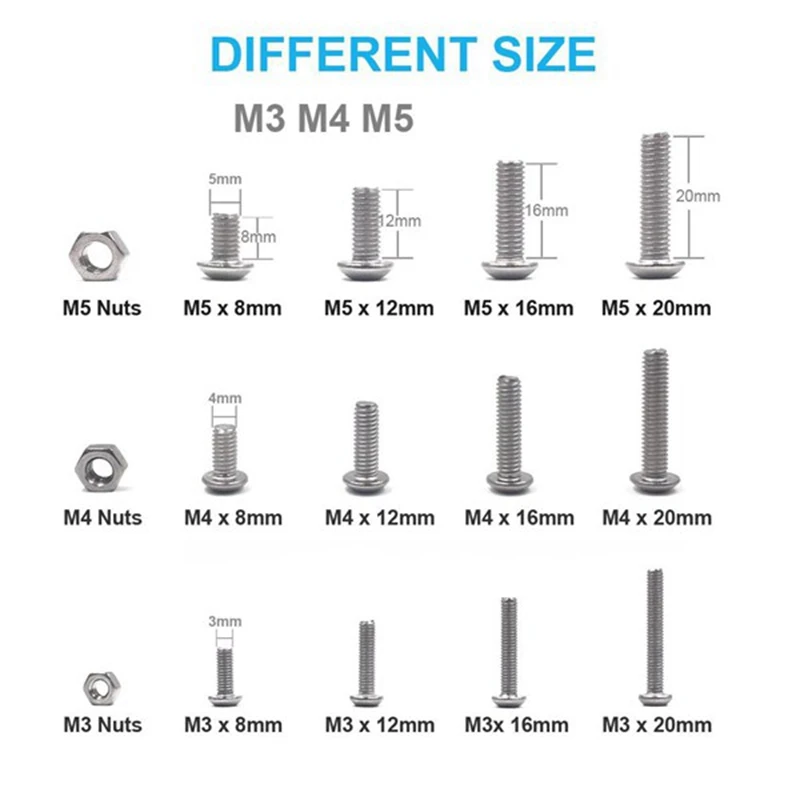 500Pcs M3 M4 M5 A2 Stainless Steel Button Head Hex Bolts Hexagon Socket Screws with Nuts Assortment Kit | Инструменты