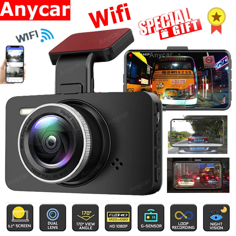 Автомобильный видеорегистратор Full HD 1080P Wi Fi с камерой заднего вида