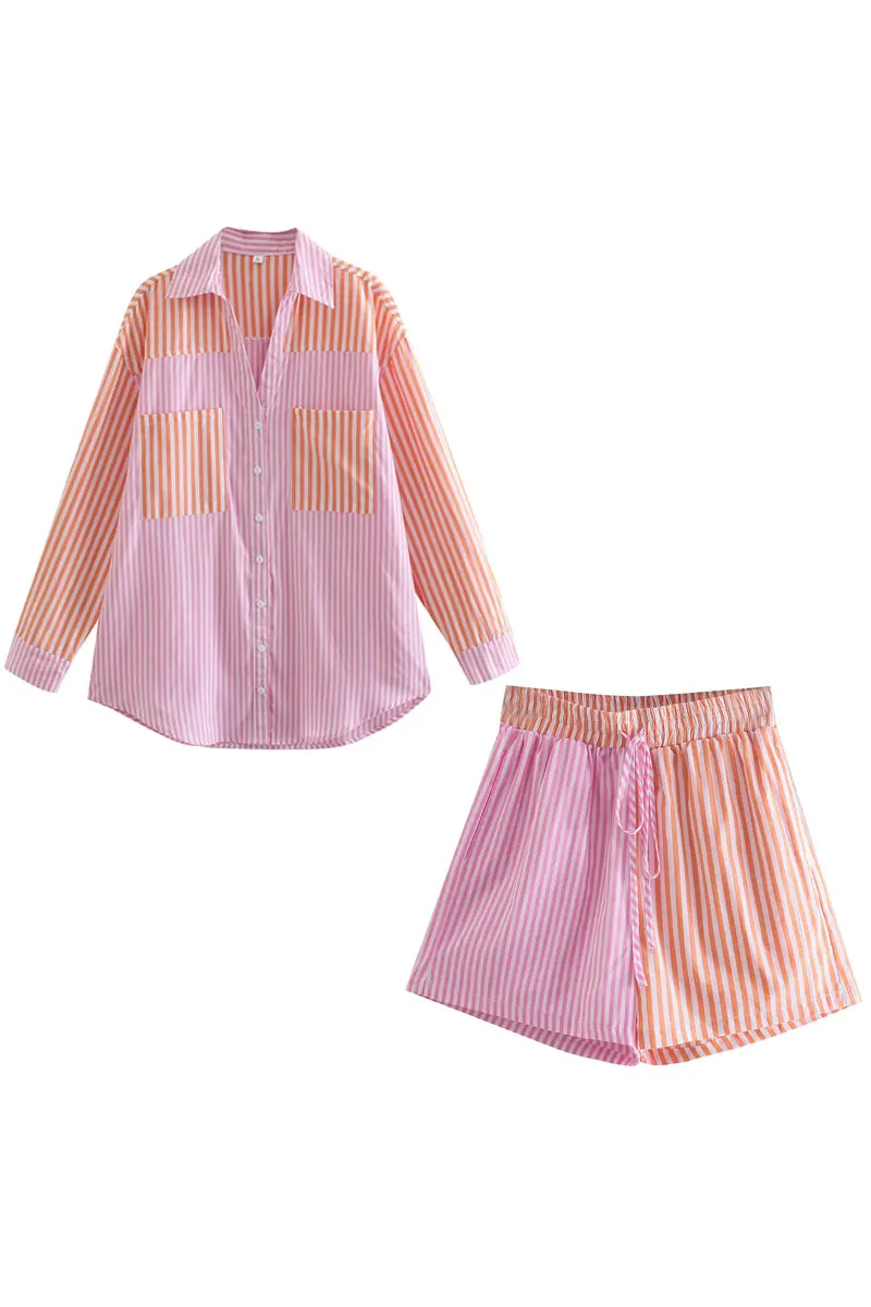 

Fast Fashion Stitching Color Striped Long Sleeve Shirt High Waist Casual Shorts Set Spring/Summer