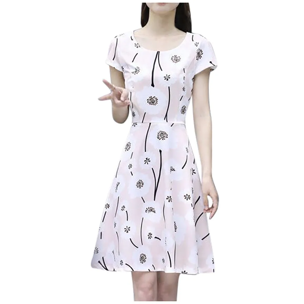 Женское модное летнее платье до колена с круглым вырезом и коротким рукавом