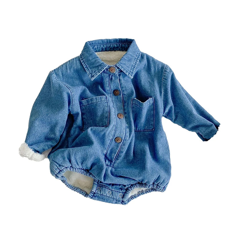 

Baby Girl Boy Rompers Autumn Newborn Baby Clothes For 0-2Y Girls Boys Denim Plush Long-Sleeve Romper Cotton Knit Outfits Clothes