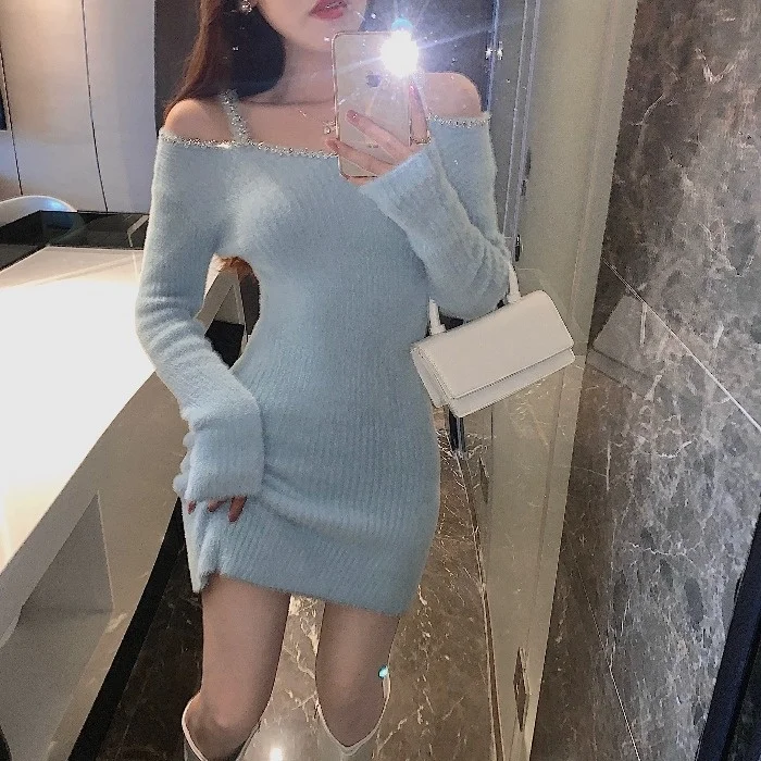 

Bottoming Suspender Dress for Women Autumn French Style Inner Wear Woolen Skirt Waist Slimming Gentle Sexy Off-the-shoulder