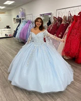 princess sky blue quinceanera dresses for sweet 15 year ball gown lady off the shoulder long sleeve sexy v neck lace prom gowns