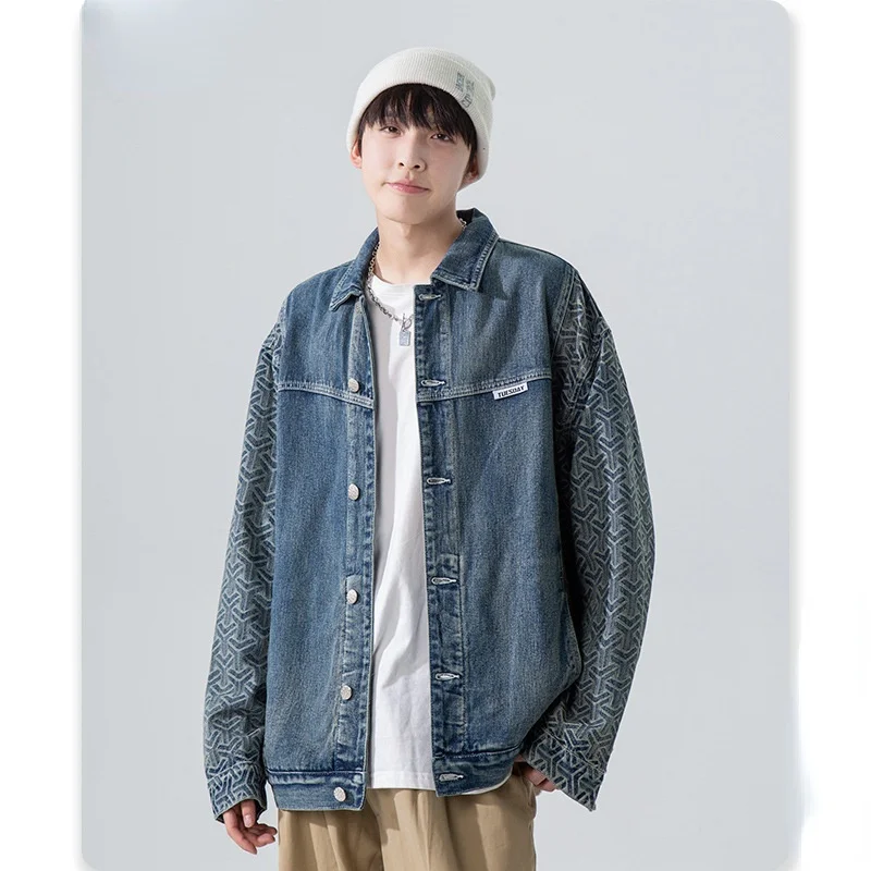 

Men's denim jacket, vintage printing, casual wear fashionable hip-hop Jacket novelty in autumn discount Hot Sale
