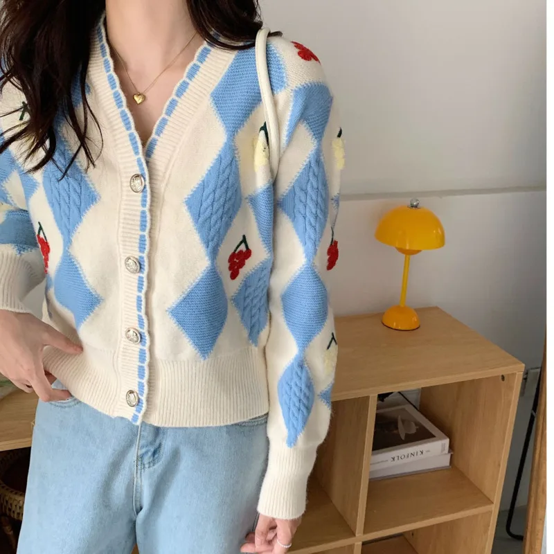 

Women V Neck Lazy Long Sleeve Cardigan Casual Retro Loose Single-breasted Fashion Color Matching Korean Chic Knitted Cardigan