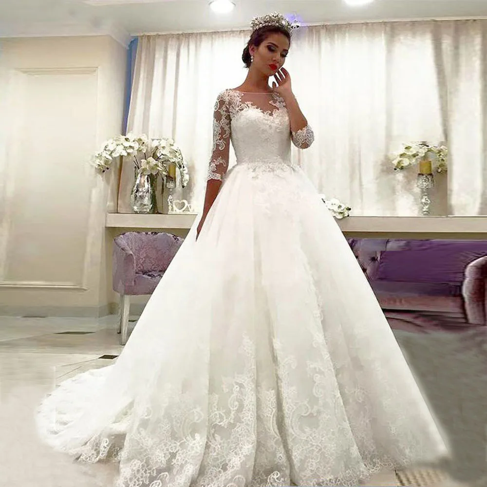 

3/4 Sleeve Wedding Dresses Elegant Bridal Gowns Lace Bride Dresses 2020 Latest Vestido De Noiva Custom Made Lace Abiti Da Sposa