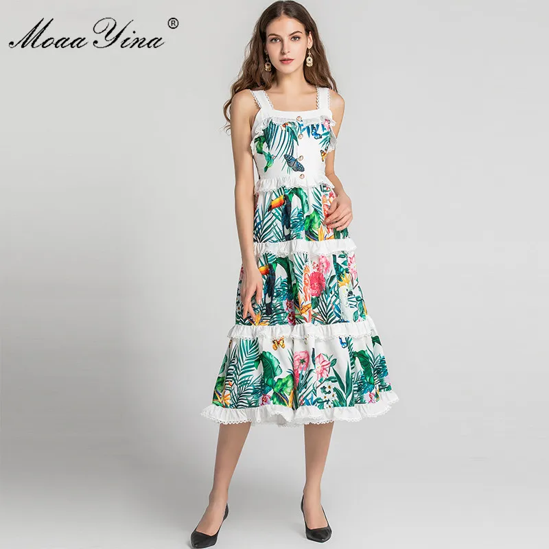 MoaaYina модное дизайнерское летнее женское платье на бретельках с оборками и