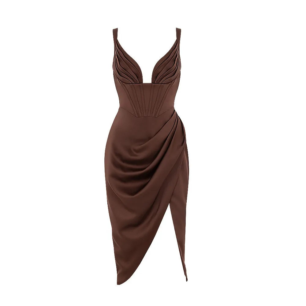 High quality Fully Lined Chocolate Duchess Satin Draped Midi Dress Deep V Neck Solid Sleeveless Elegant Celebrity Party Dress