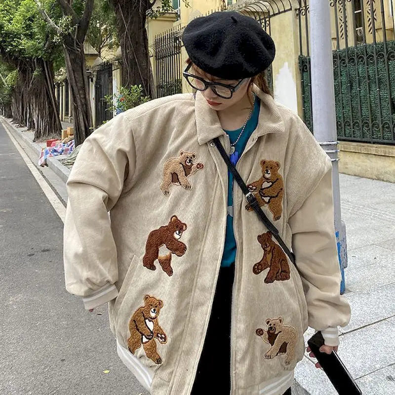 

Corduroy Baseball Jacket Women's Clothes Embroidery Bear Autumn Winter Apricot Zipper Cute Kawaii2021 Student Vintage Short Coat