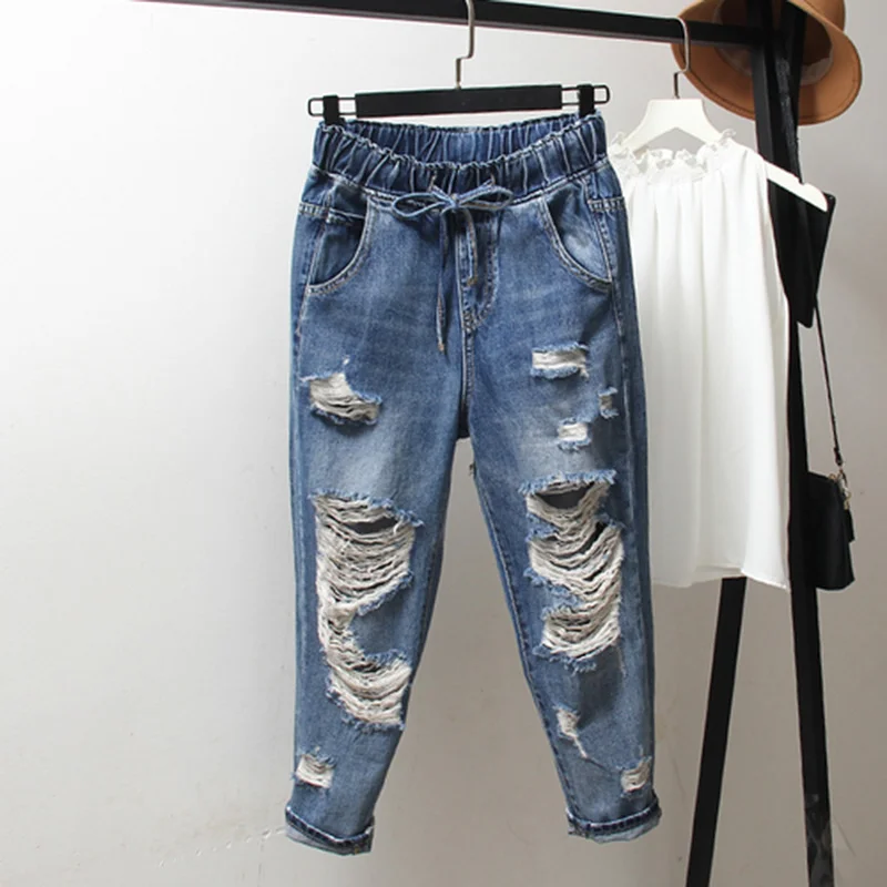 

Summer Korea Fashion Women Elastic Waist Loose Jean Capri Pants Vintage Ripped Jeans all-matched Casual Denim Harem Pants S512