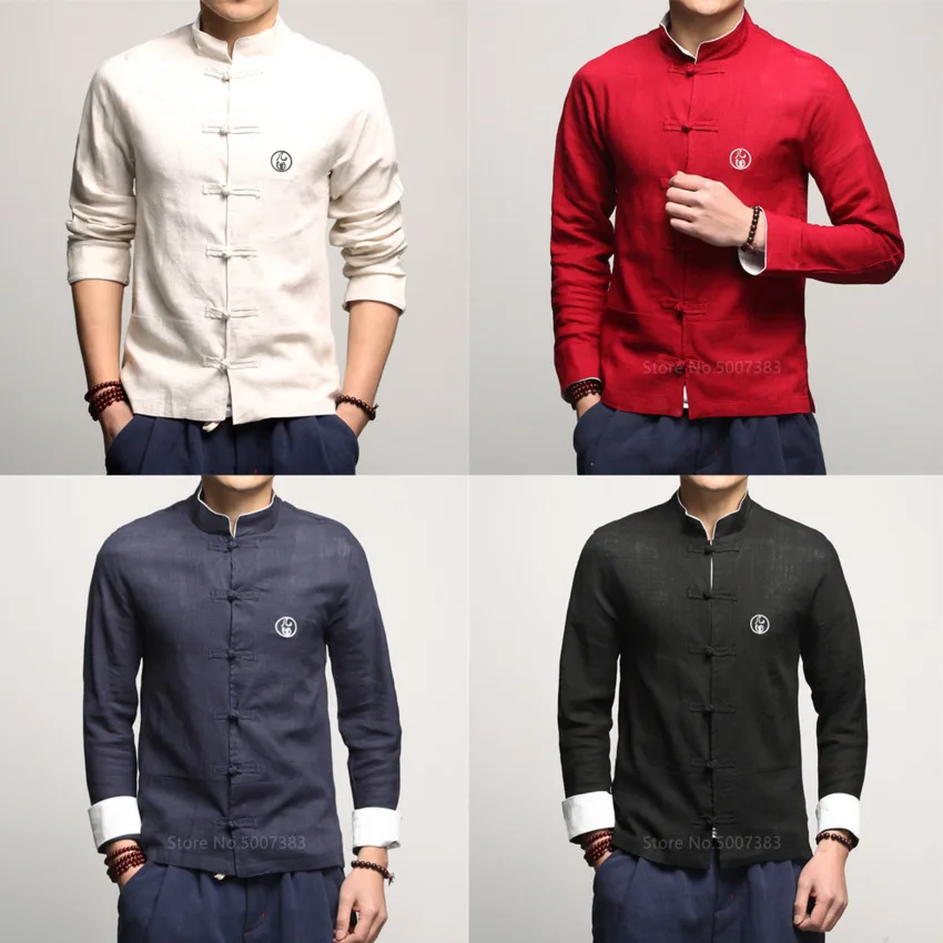 

2020 Man Traditional Chinese Clothing For Men Vintage Full Sleeve Collar Linen Shirt Tang Suit Hanfu Style Top Male Clothes Tops