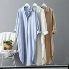 Женское Хлопковое платье-рубашка, Длинное свободное платье-рубашка в Корейском стиле, однотонное платье средней длины цвета хаки, белого, синего цвета, лето-осень 2021