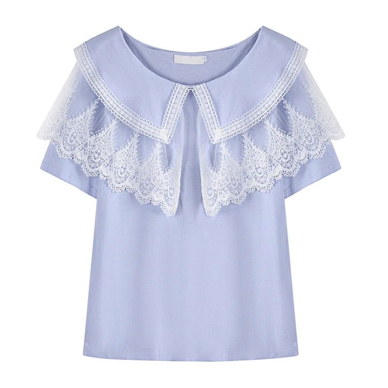 

Lace Mesh Stitching Doll Collar Cotton T-Shirt Women's Short Sleeved Tee 2021 Spring and Summer Korean Style Loose Female Tee