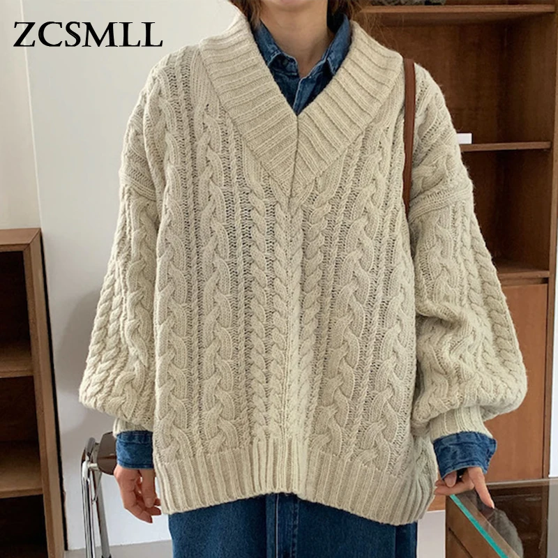 

ZCSMLL 2021 Autumn Winter New V-neck Twist Knitted Top Female Long Sleeev Loose Keep Wear Sweater Women Fashion Clothing TH1209