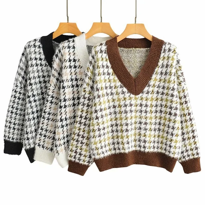 

WLLWLP Winter New Women's Knitted Sweater Women Fashion V-Neck Long Sleeve Houndstooth Loose Pullover Tops A250