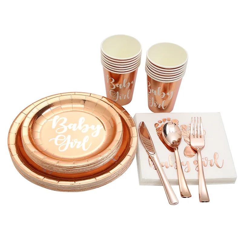 

Bronzing Rose Gold Baby Shower Letter Paper Cup Plate Napkin Straw Girls Favor Birthday Party 8pcs Tableware Supplies