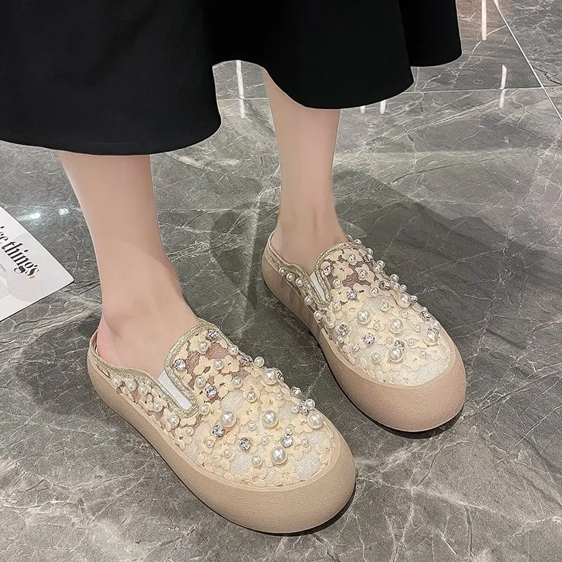 

Low Slippers Soft Loafers Flat Shoes Female Square Toe Slides Platform String Bead Slipers Women Comfort Summer Cover 2021 Fabri