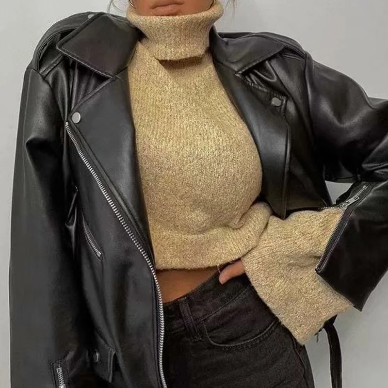 

Повседневная Байкерская Женская куртка из искусственной кожи, Весенняя женская куртка из искусственной кожи с отложным воротником, с ремне...