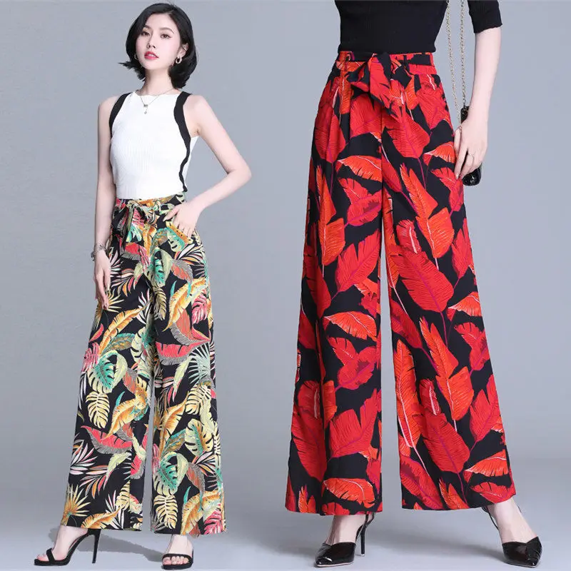 

2021 Summer Women Elastic High Waist Wide Leg Skirt Pants Korean Casual Ladies Tie-dyed Straight Trousers for Mum Z75