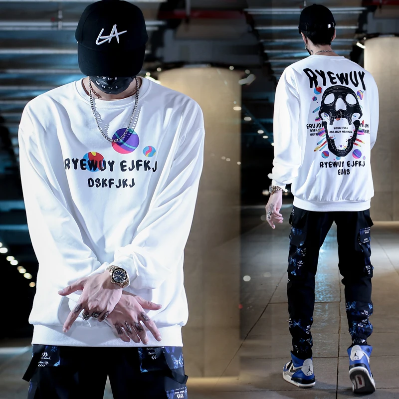 

European and American men's loose spring and autumn hip-hop Harajuku skull print round neck men's clothing